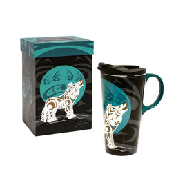 NNW - "The Perfect Mug" Ceramic Travel Mug: Howling Wolf by Darrell Thorne