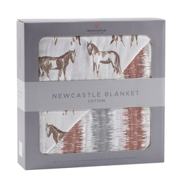 Newcastle Classics -  4 Layer 100% Natural Cotton Blanket: Wild Horses & Western Stripe