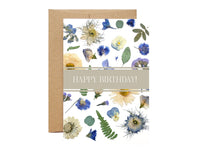 SAB - 5X7 Pressed Flower Greeting Card: Happy Birthday Blue Flowers