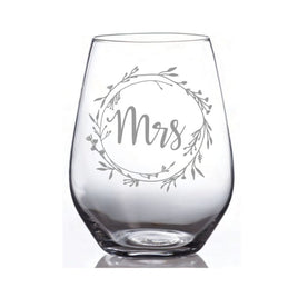 SAC - 19oz Laser Etched Stemless Wineglass: Mrs (Wreath)