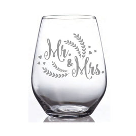 SAC - 19oz Laser Etched Stemless Wineglass: Mr & Mrs (Fern & Hearts)